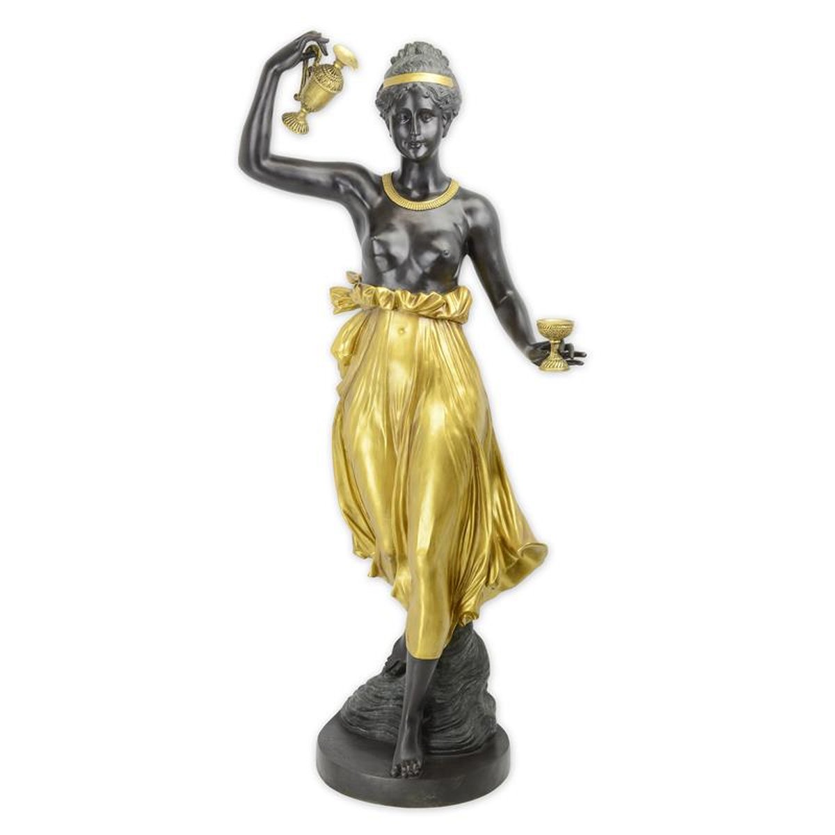 A BRONZE SCULPTURE OF WOMAN WITH DRINKING GLASS