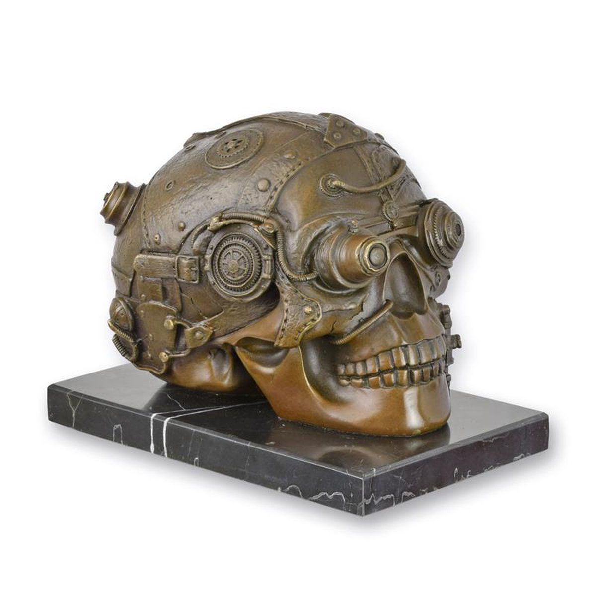 A BRONZE STEAMPUNK SCULPTURE OF A SKULL