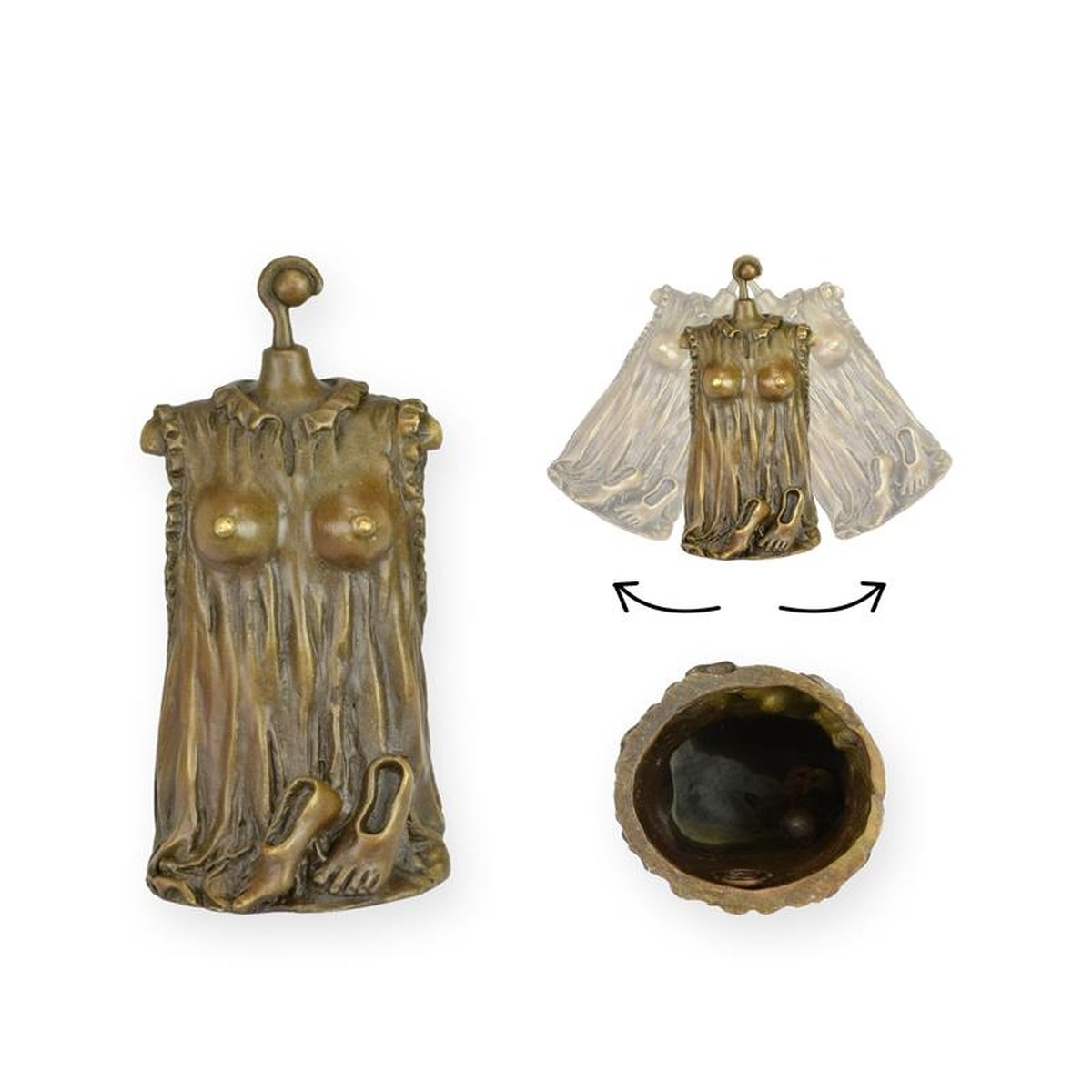 A BRONZE TABLE BELL OF A DRESS