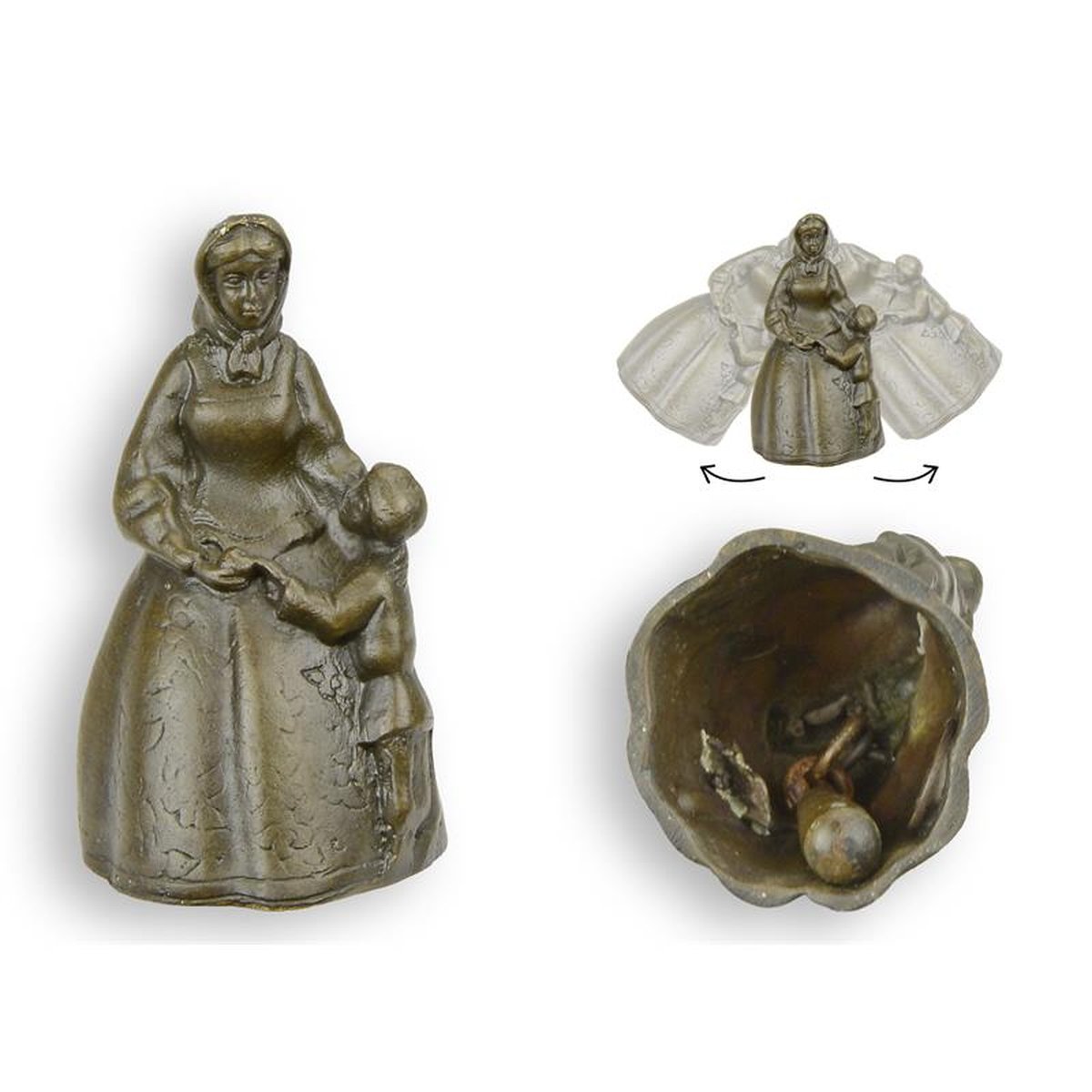 A BRONZE TABLE BELL OF A MOTHER WITH CHILD