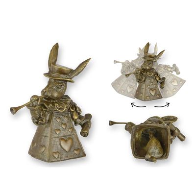 A BRONZE TABLE BELL OF A RABBIT AS QUEEN OF HEARTS
