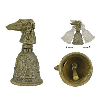 A BRONZE TABLE BELL WITH A BORZOI'S HEAD GRIP