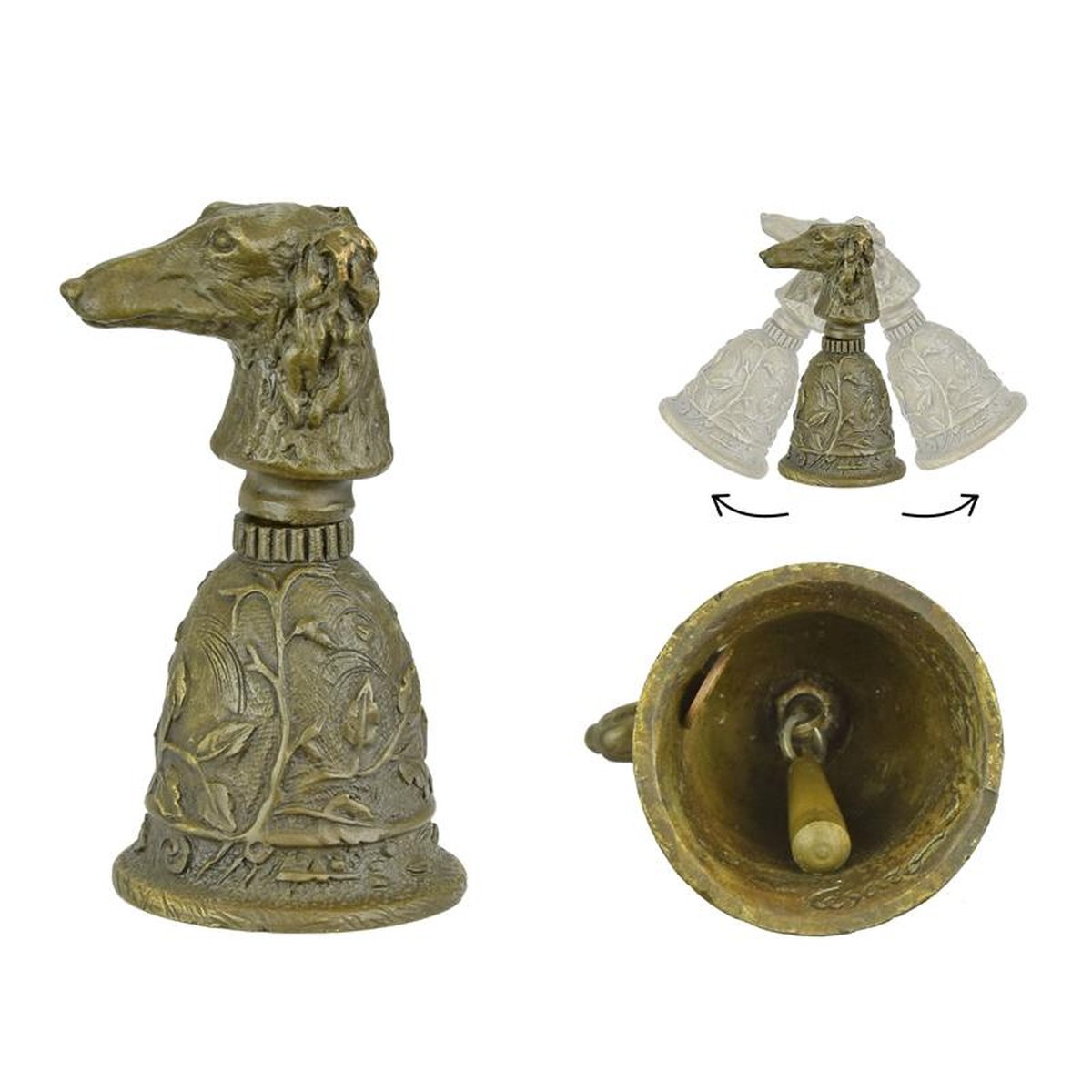 A BRONZE TABLE BELL WITH A BORZOI'S HEAD GRIP