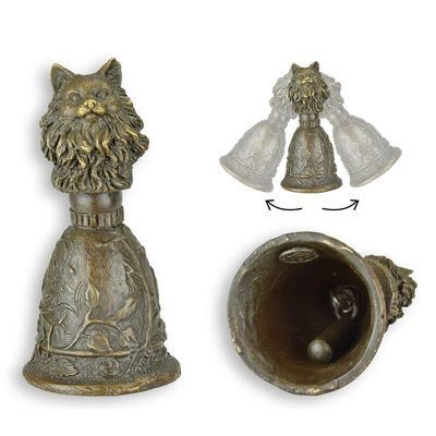 A BRONZE TABLE BELL WITH CAT'S HEAD GRIP