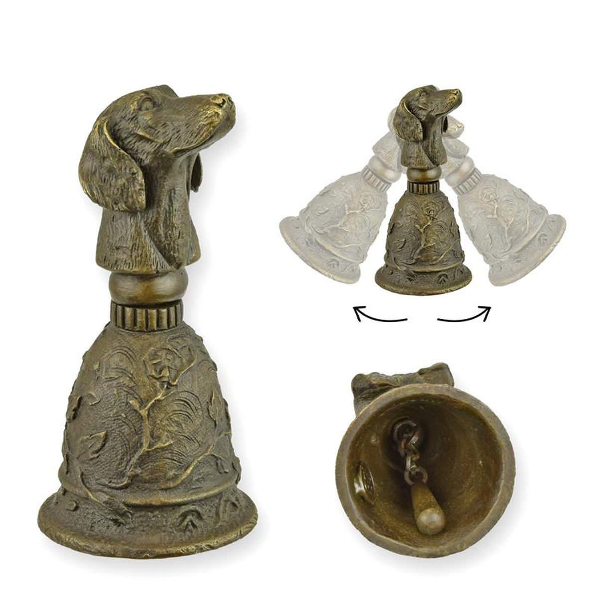 A BRONZE TABLE BELL WITH HOUND'S HEAD GRIP