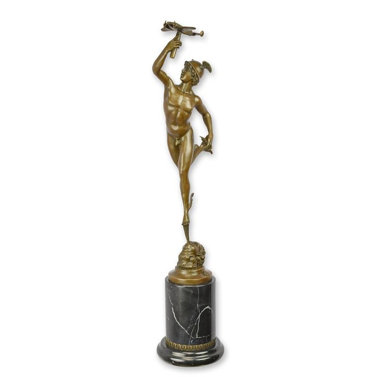 A BRONZE TROPHY OF MERCURY HOLDING ALOFT AN ELECTRA
