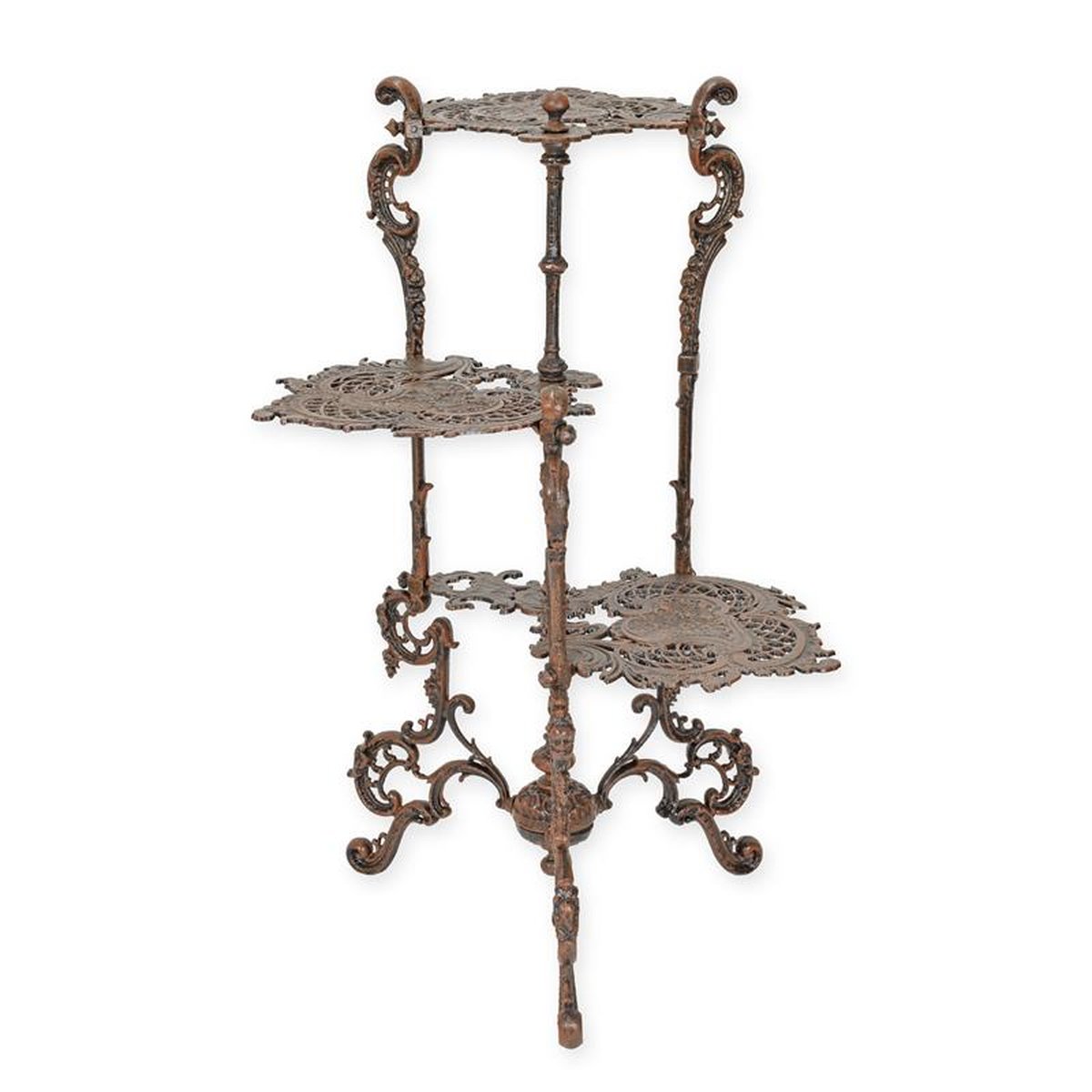 A CAST IRON 3 TIER FLOWER TABLE - BROWN