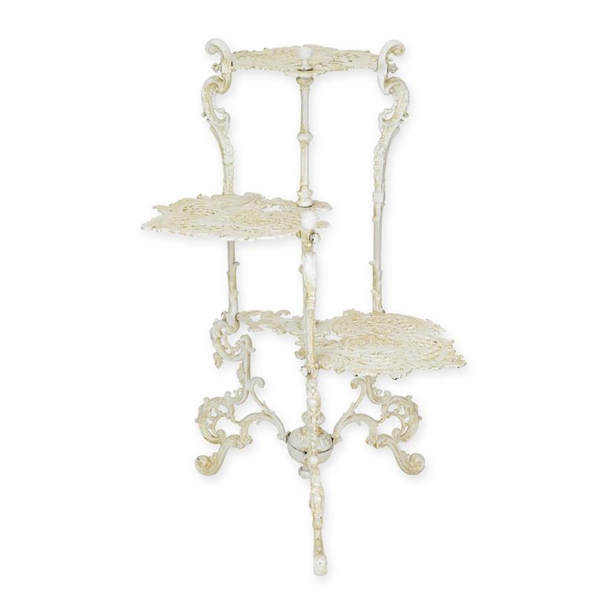 A CAST IRON 3 TIER FLOWER TABLE - WHITE