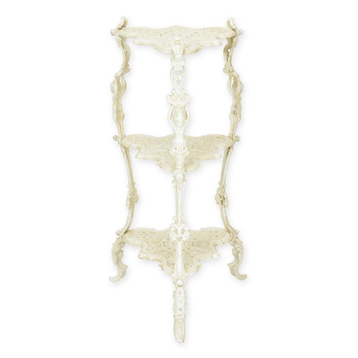 A CAST IRON 3 TIER FLOWER TABLE - WHITE