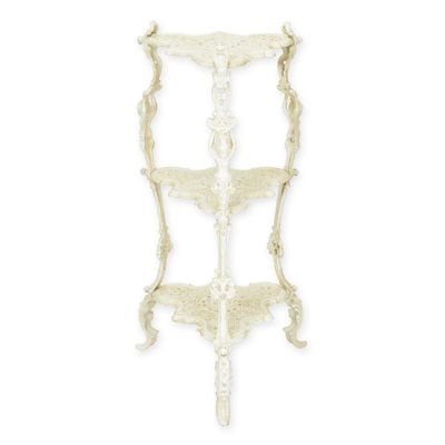 A CAST IRON 3 TIER FLOWER TABLE - WHITE