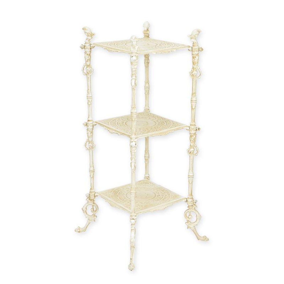 A CAST IRON 3 TIER FLOWER TABLE, WHITE