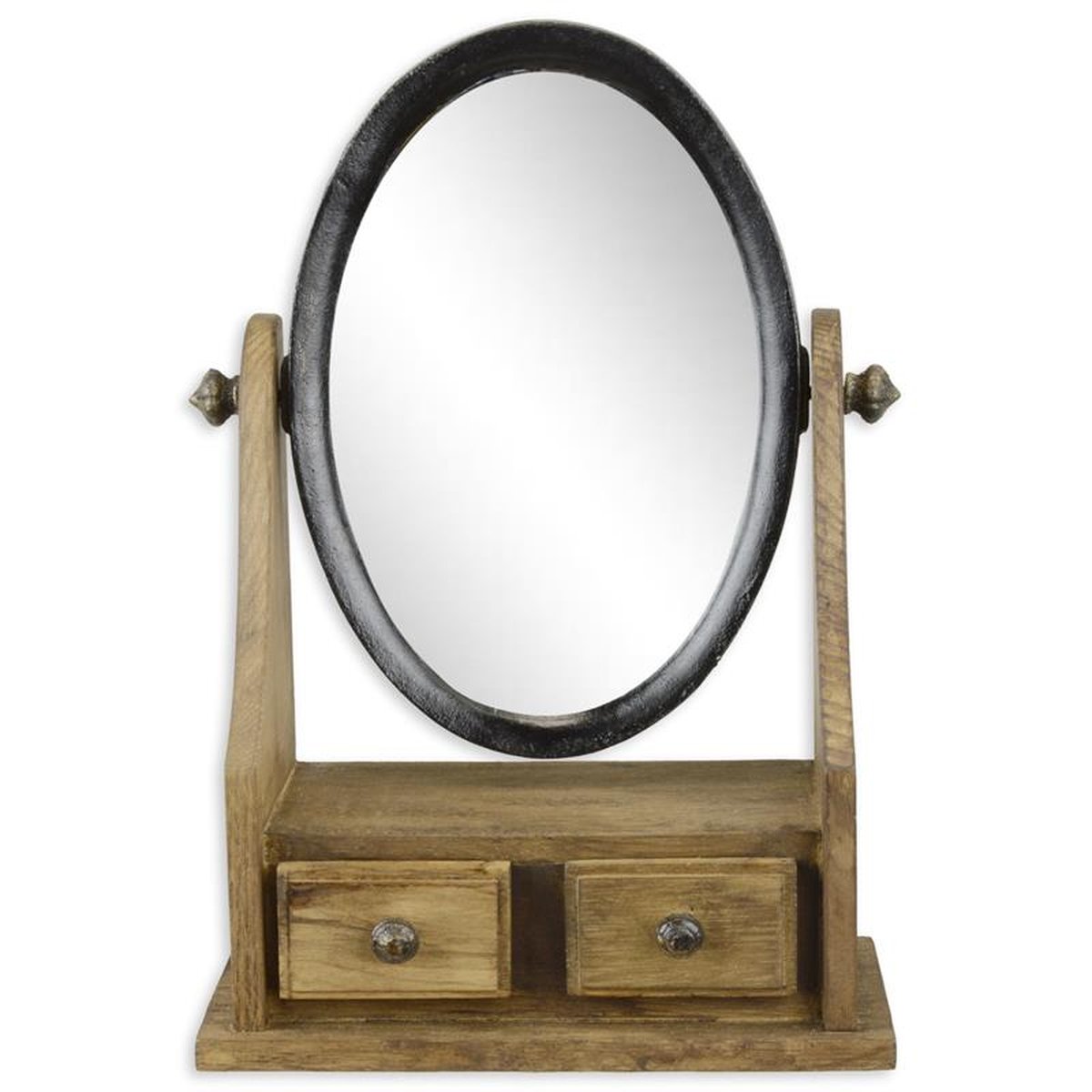 A CAST IRON AND WOODEN MINIATURE DRESSING MIRROR