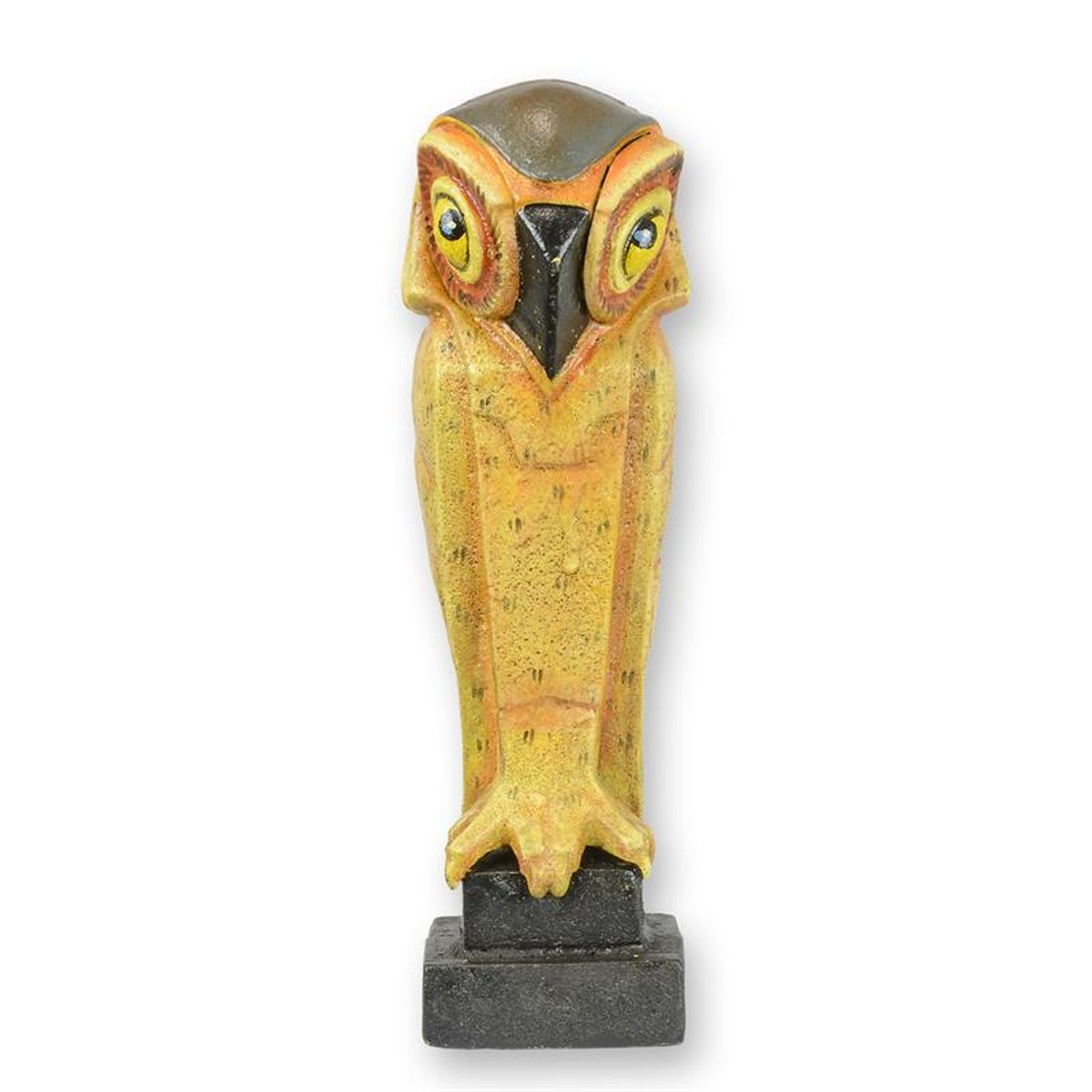 A CAST IRON ART DECO FIGURINE OF AN OWL - COLOURED