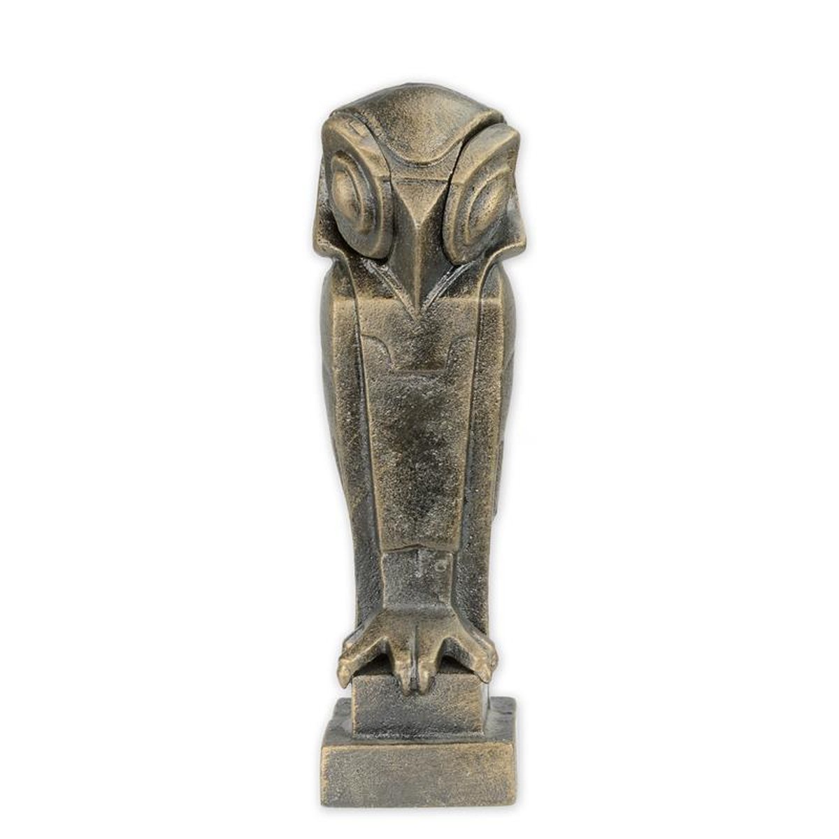 A CAST IRON ART DECO FIGURINE OF AN OWL