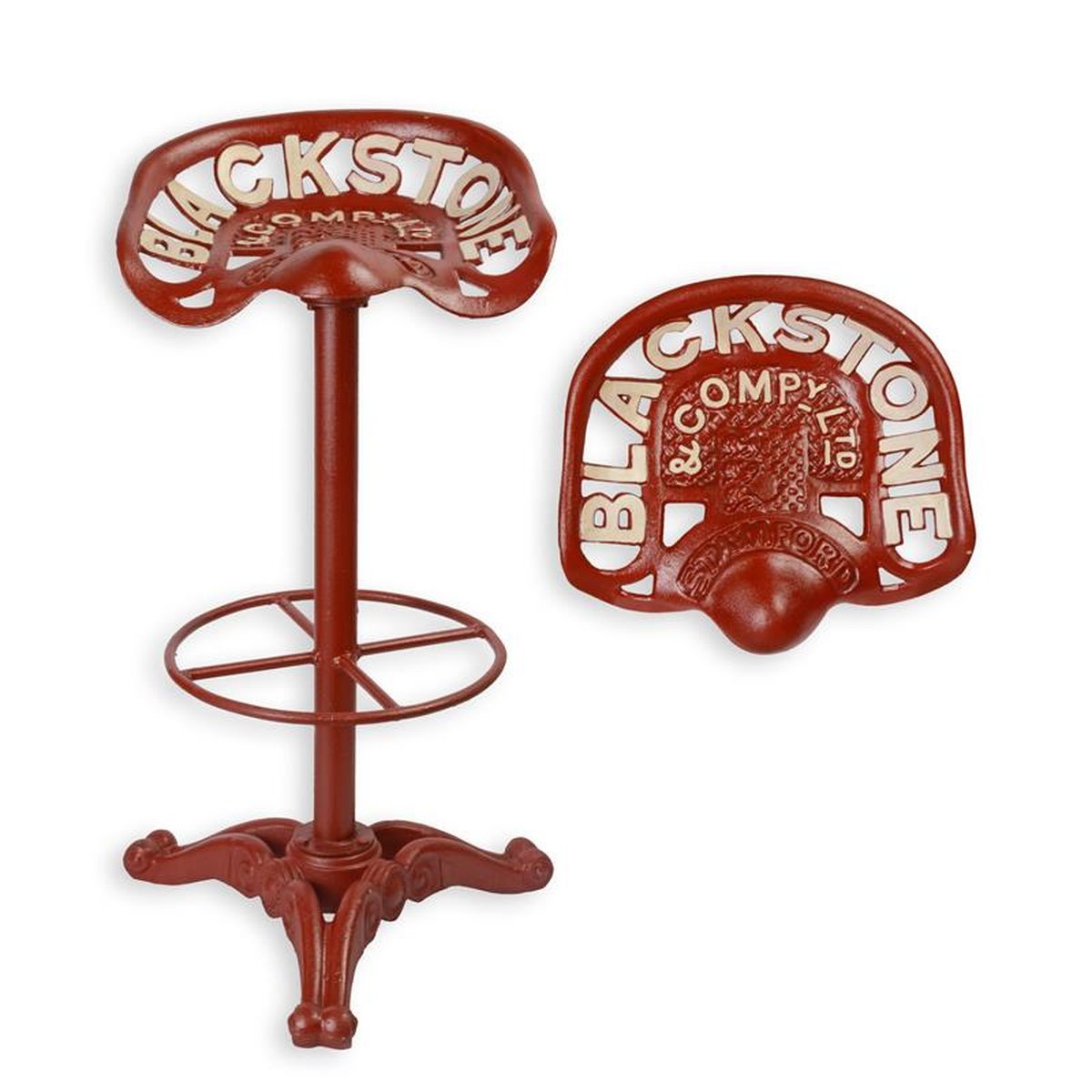 A CAST IRON BAR STOOL, BLACKSTONE, RED