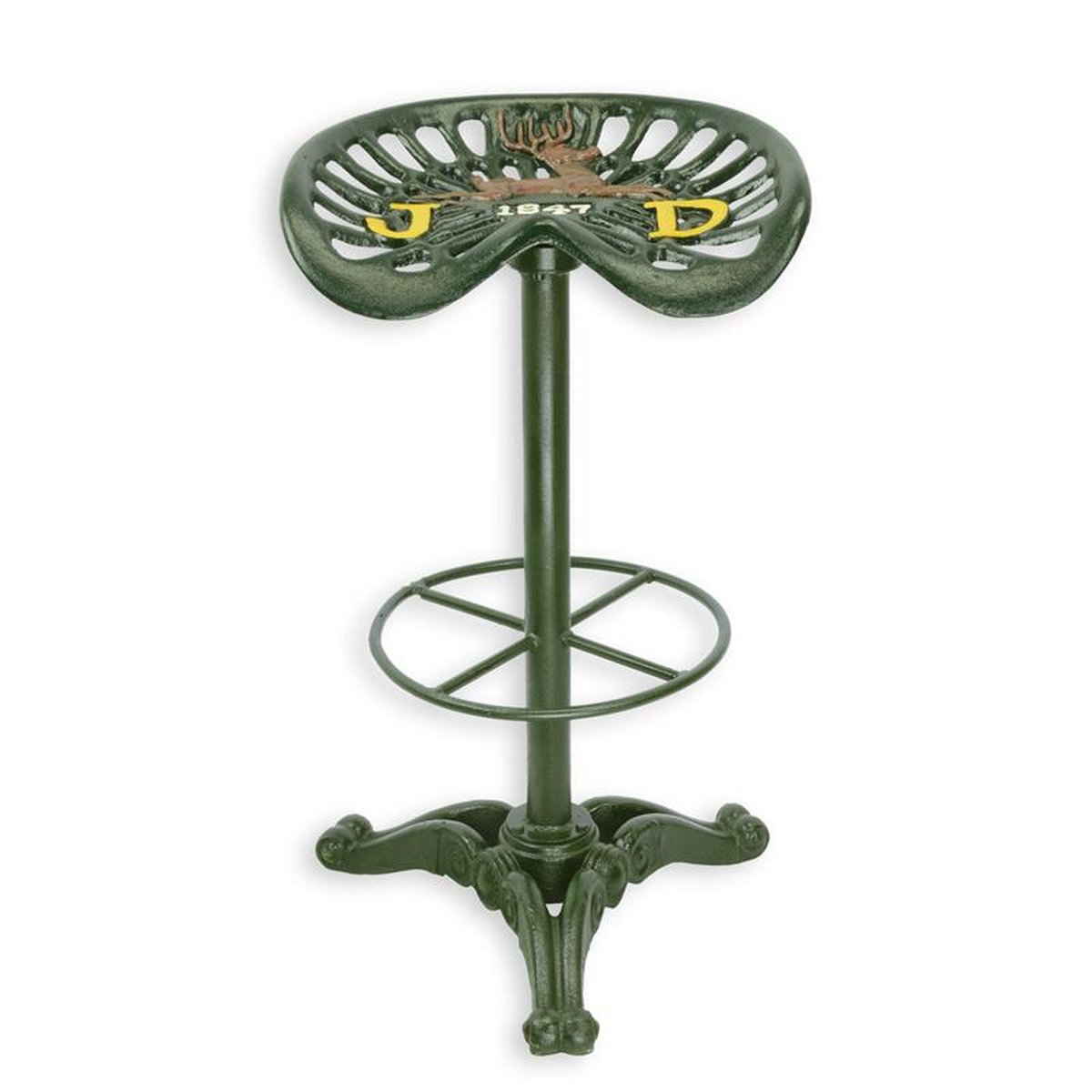 A CAST IRON BAR STOOL, J.D. GREEN