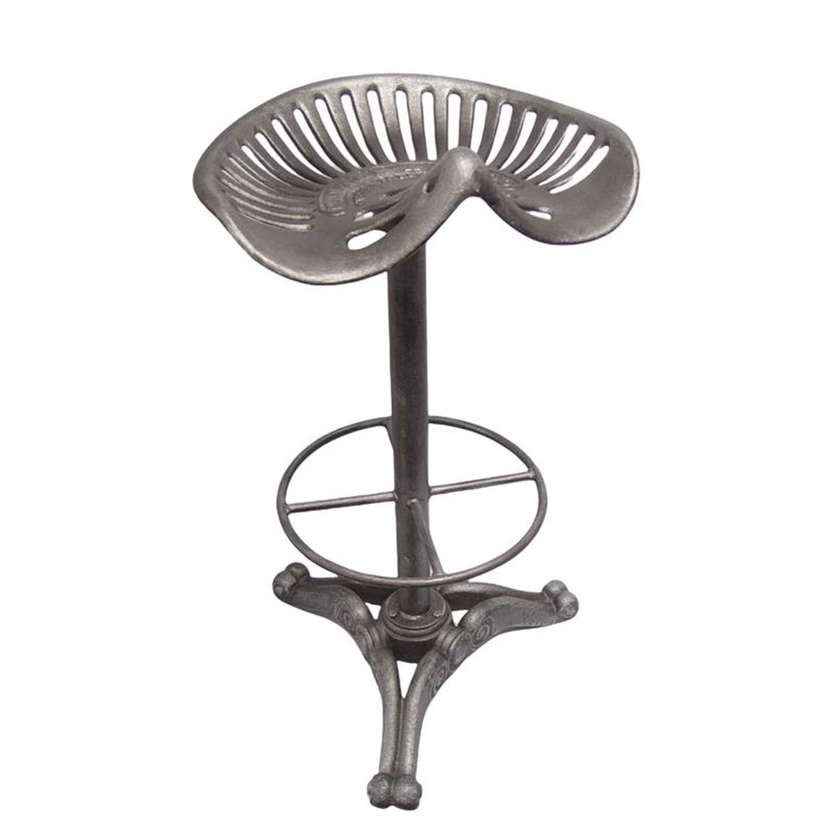A CAST IRON BAR STOOL, OLD SILVER
