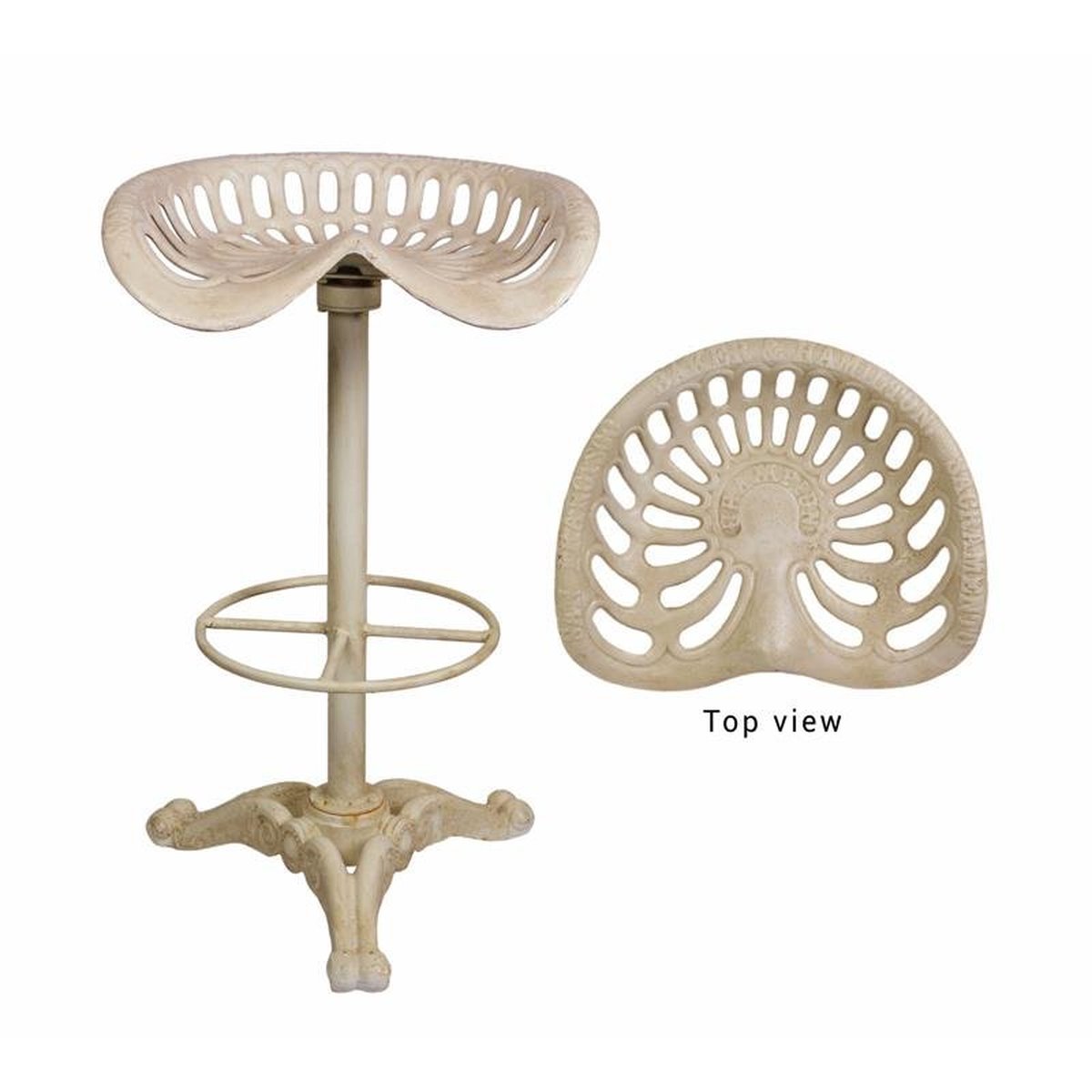 A CAST IRON BAR STOOL, OLD WHITE