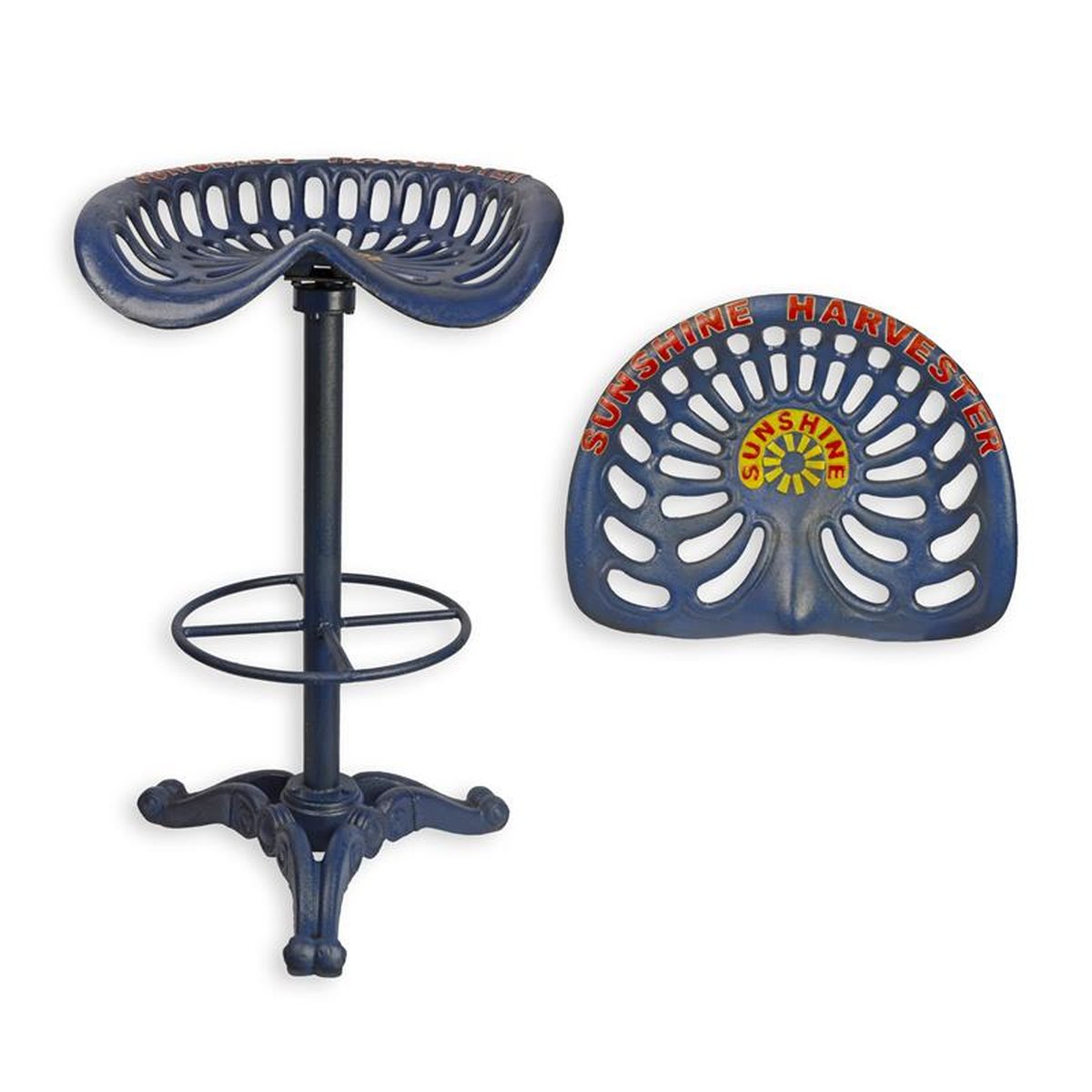 A CAST IRON BAR STOOL, SUNSHINE BLUE