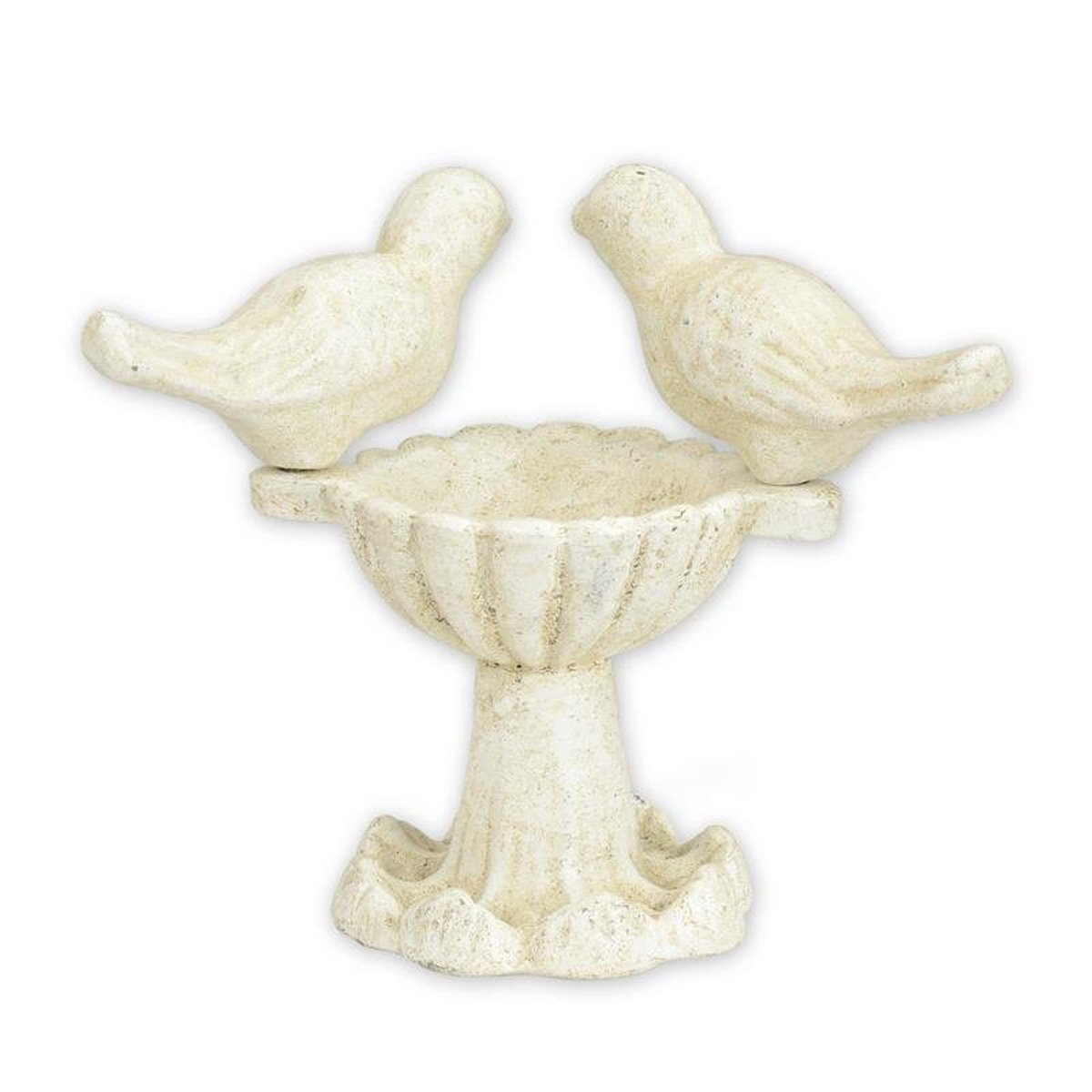 A CAST IRON BIRD FEEDER ON STAND