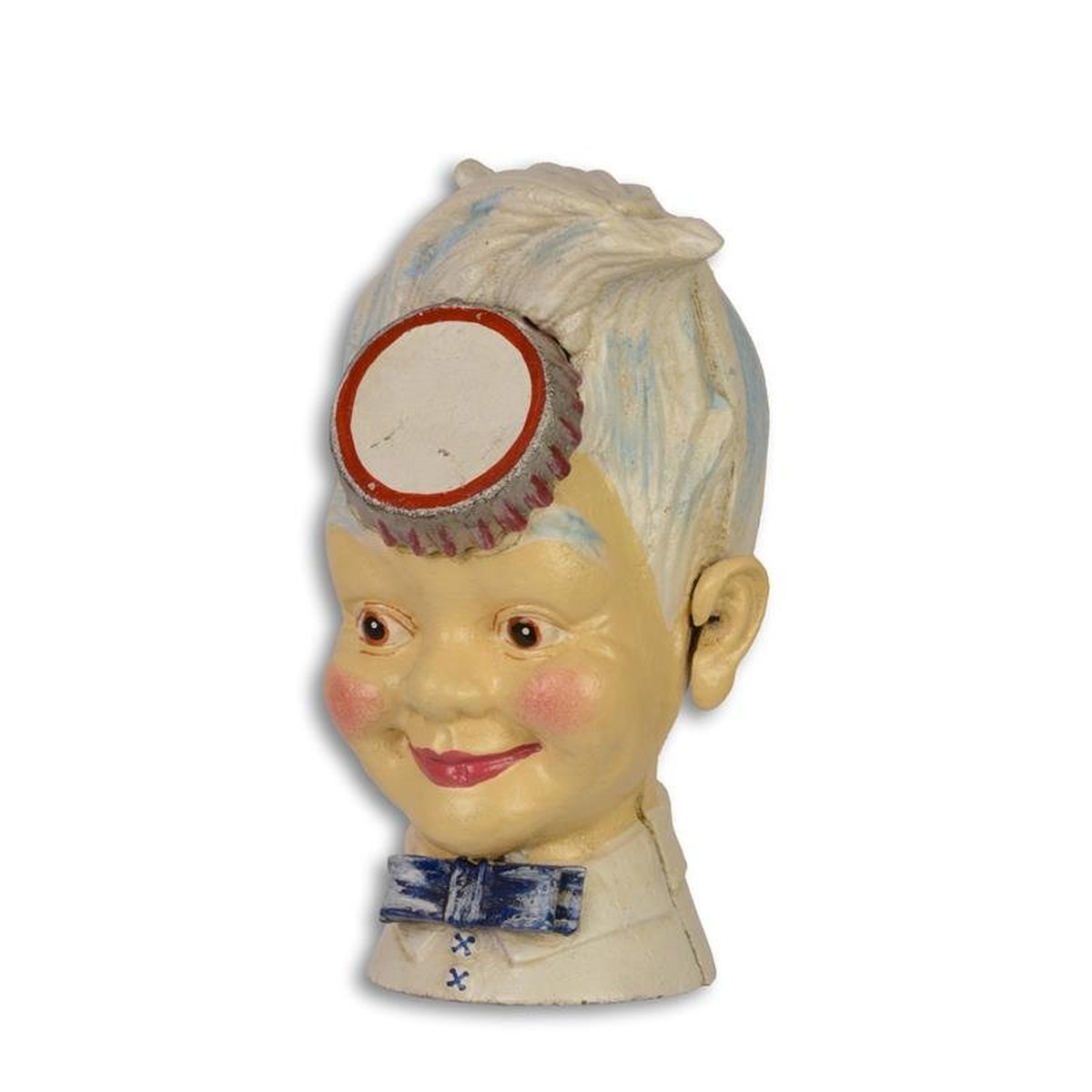 A CAST IRON BOY HEAD WITH CROWN-CAP BANK