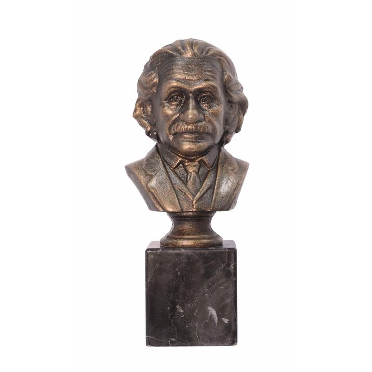 A CAST IRON BUST OF ALBERT EINSTEIN ON MARBLE BASE