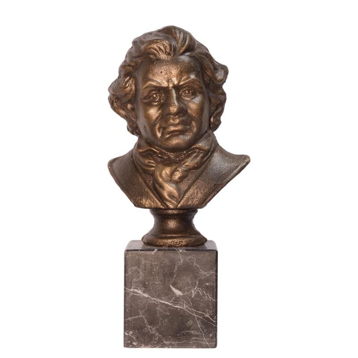 A CAST IRON BUST OF LUDWIG VON BEETHOVEN ON MARBLE BASE