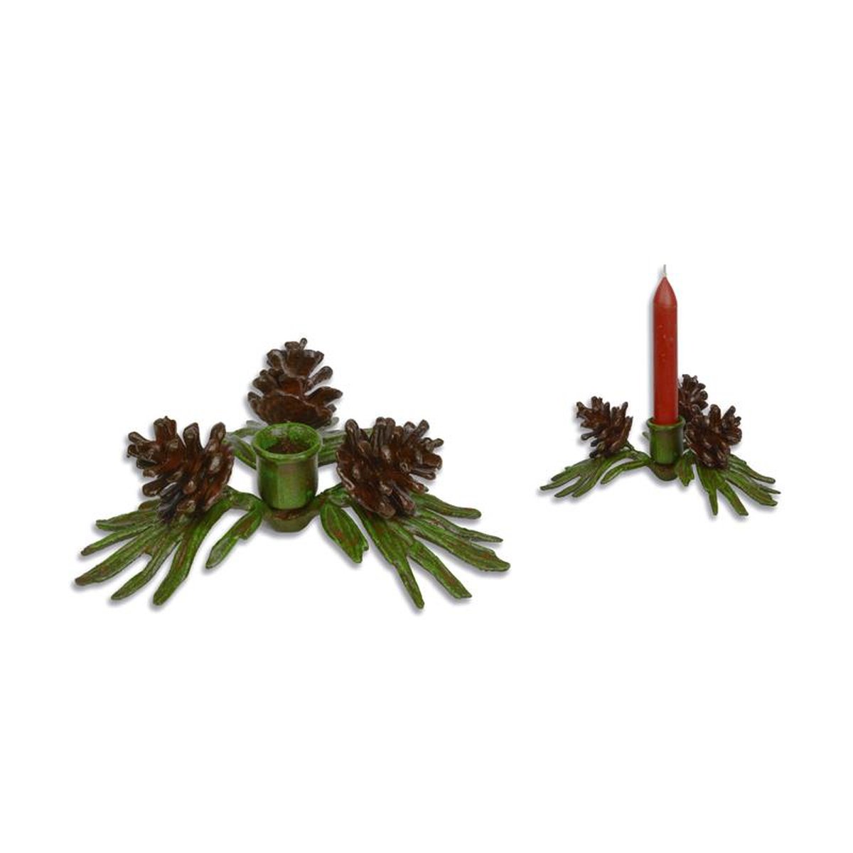 A CAST IRON CANDLEHOLDER  DECORATED WITH PINEBRANCH & CONES