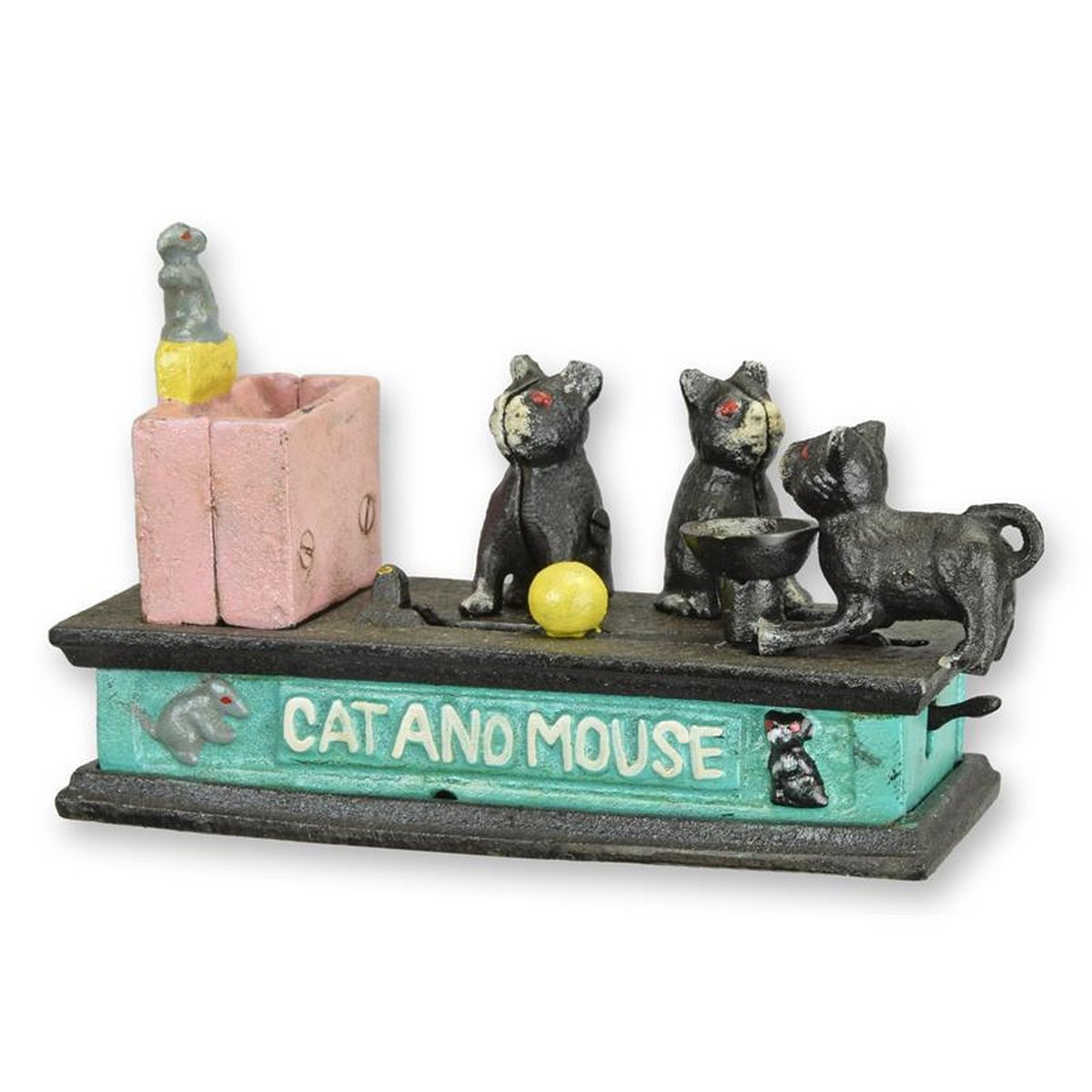A CAST IRON CAT AND MOUSE MECHANICAL BANK