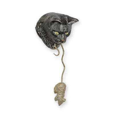 A CAST IRON CAT & MOUSE DOOR KNOCKER - COLOR