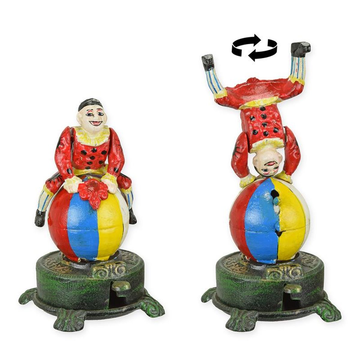 A CAST IRON CLOWN ON BALL MECHANICAL BANK