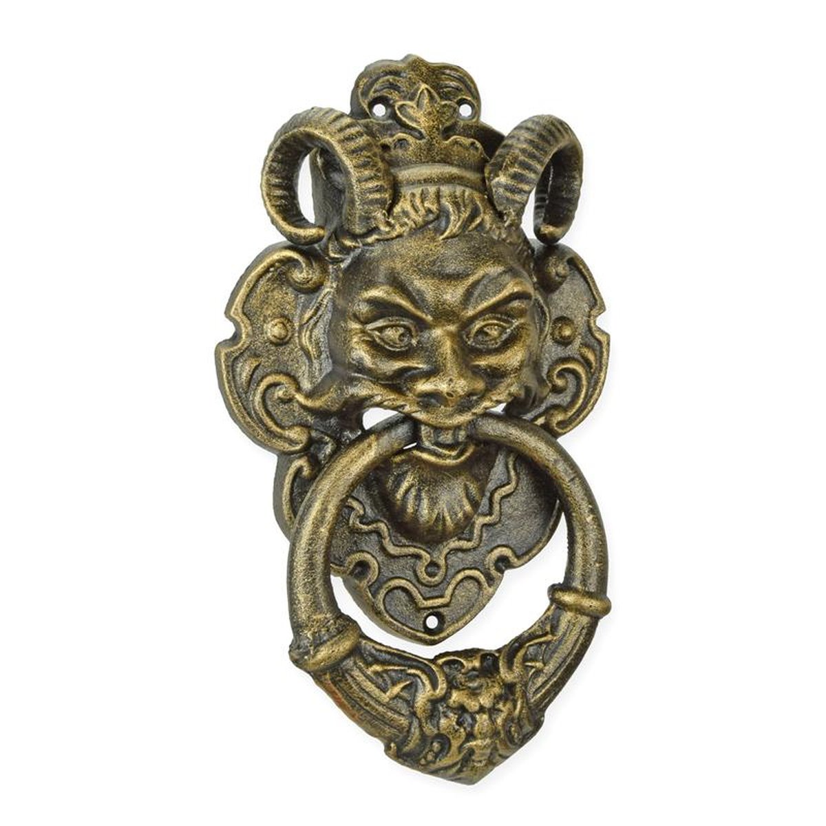 A CAST IRON DEVIL FACE DOOR KNOCKER - BRONZE COLOUR