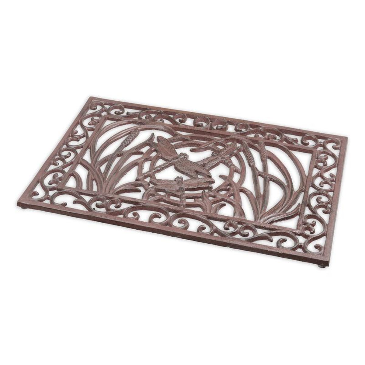 A CAST IRON DOORMAT WITH DRAGONFLY MOTIF