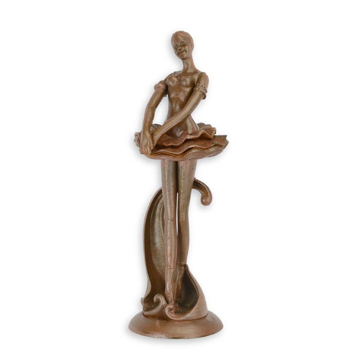 A CAST IRON FIGURINE OF A BALLERINA - BROWN