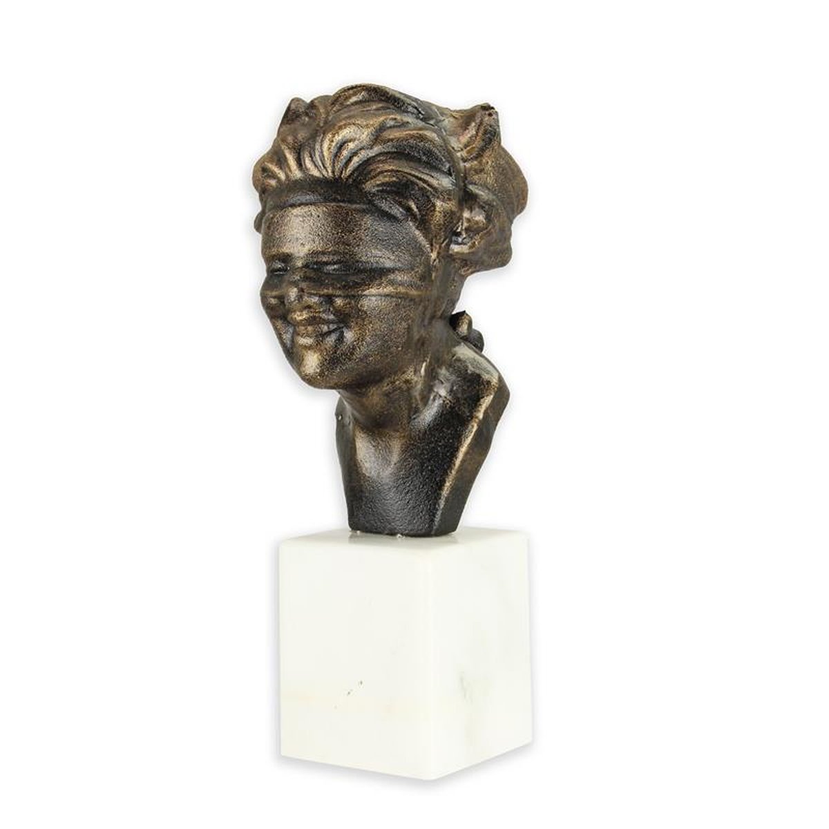 A CAST IRON FIGURINE OF A BLINDFOLDED WOMAN'S HEAD ON BASE