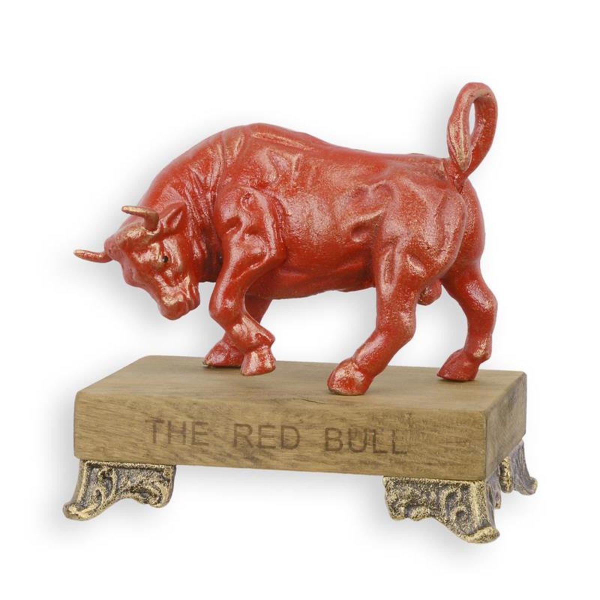 A CAST IRON FIGURINE OF A BULL MOUNTED ON WOODEN BASE