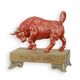 A CAST IRON FIGURINE OF A BULL MOUNTED ON WOODEN BASE