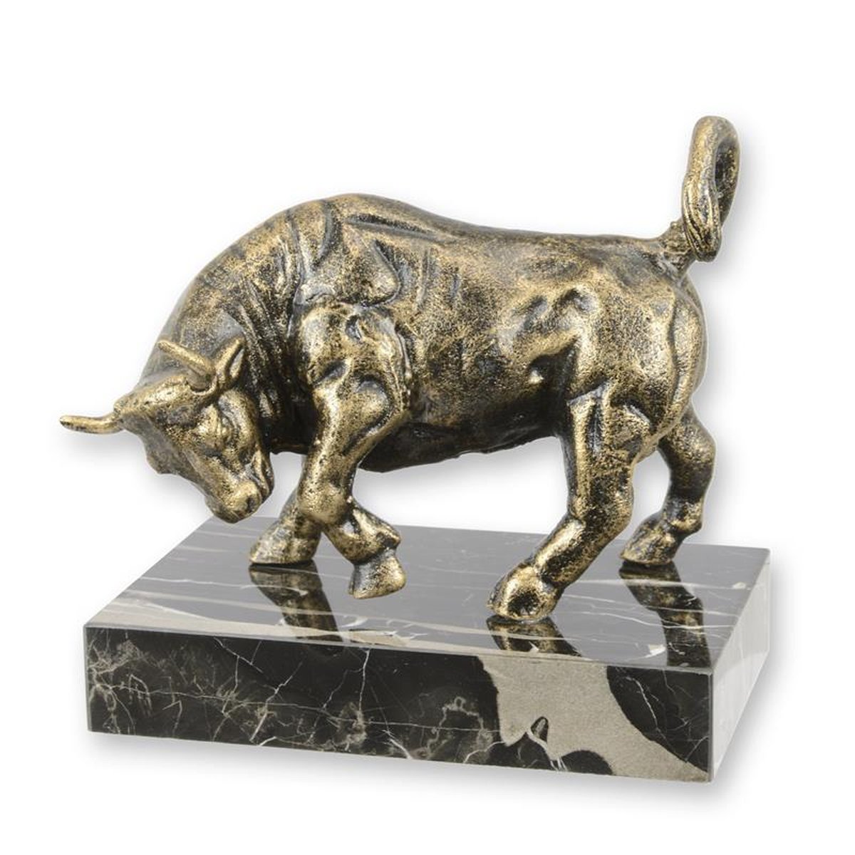 A CAST IRON FIGURINE OF A BULL ON MARBLE BASE