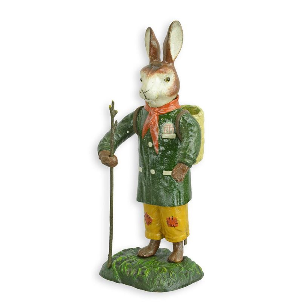 A CAST IRON FIGURINE OF A BUNNY WITH BASKET ON HIS BACK