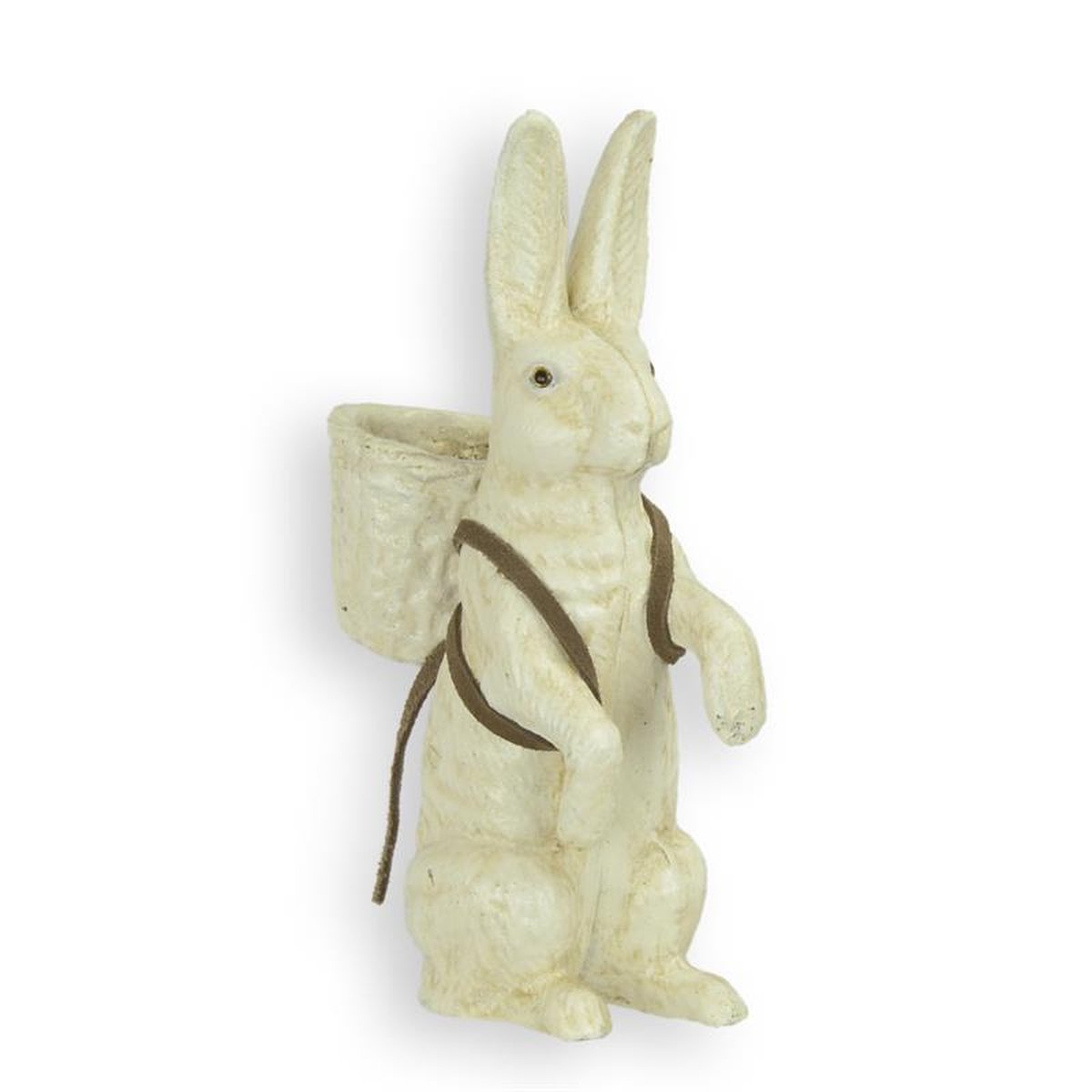 A CAST IRON FIGURINE OF A BUNNY WITH BASKET
