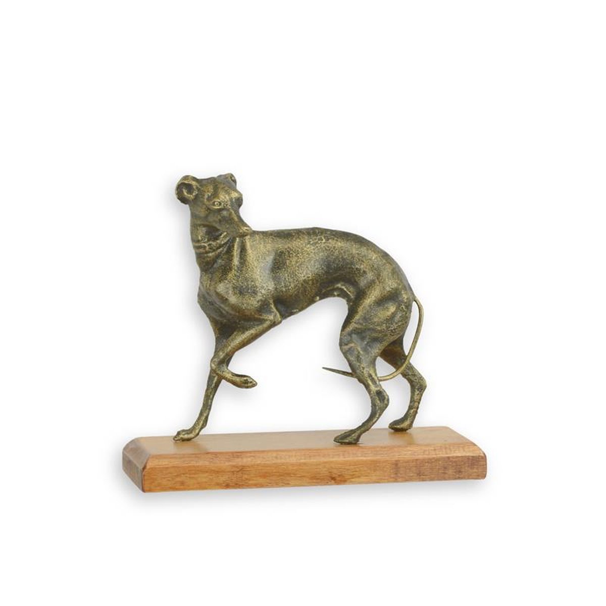 A CAST IRON FIGURINE OF A GREYHOUND ON WOODEN BASE