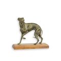 A CAST IRON FIGURINE OF A GREYHOUND ON WOODEN BASE
