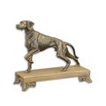 A CAST IRON FIGURINE OF A HOUND MOUNTED ON WOODEN BASE