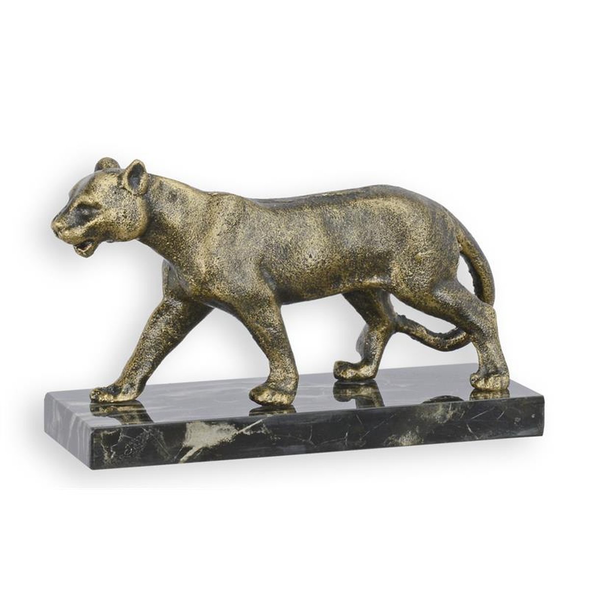A CAST IRON FIGURINE OF A LIONESS ON MARBLE BASE