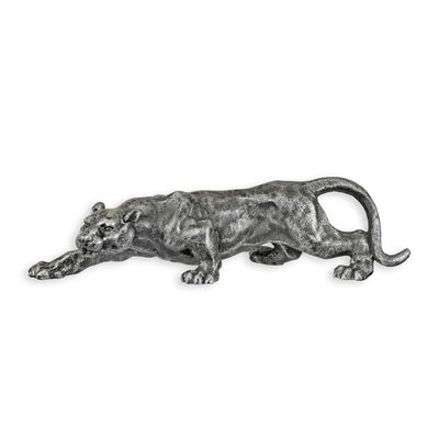 A CAST IRON FIGURINE OF A PANTHER - OLD SILVER