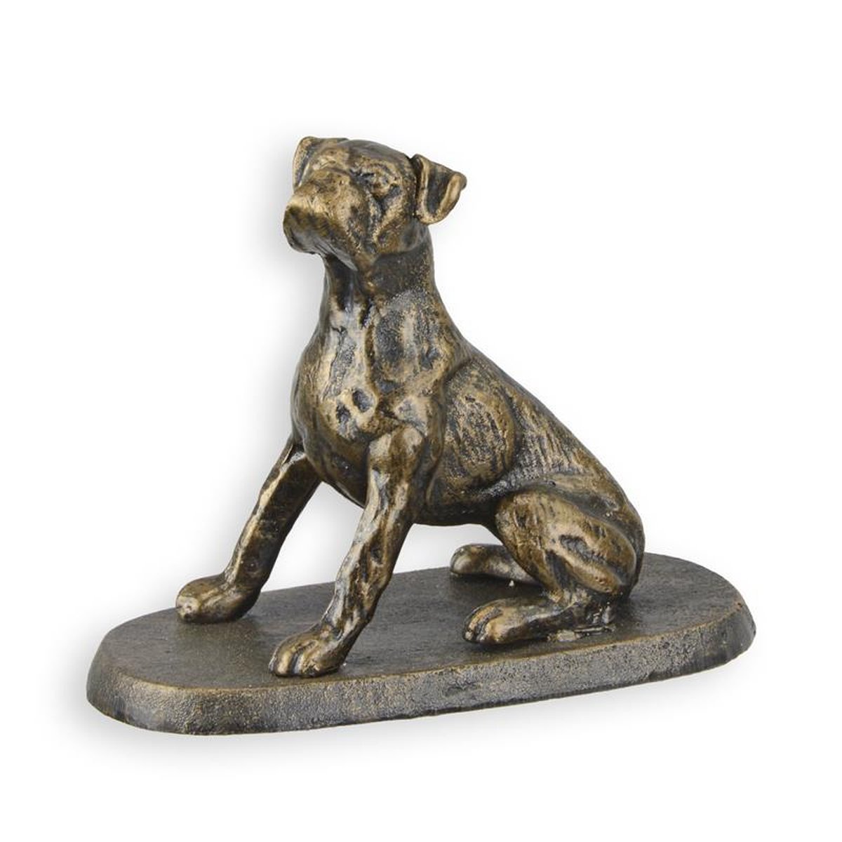 A CAST IRON FIGURINE OF A SITTING BOXER