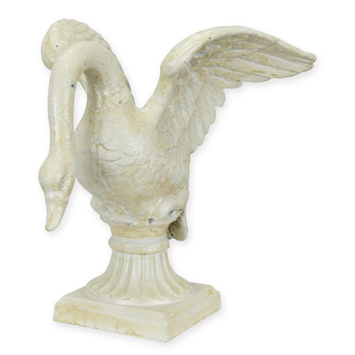A CAST IRON FIGURINE OF A SWAN ON A BASE - WHITE