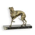 A CAST IRON FIGURINE OF A WHIPPET ON MARBLE BASE