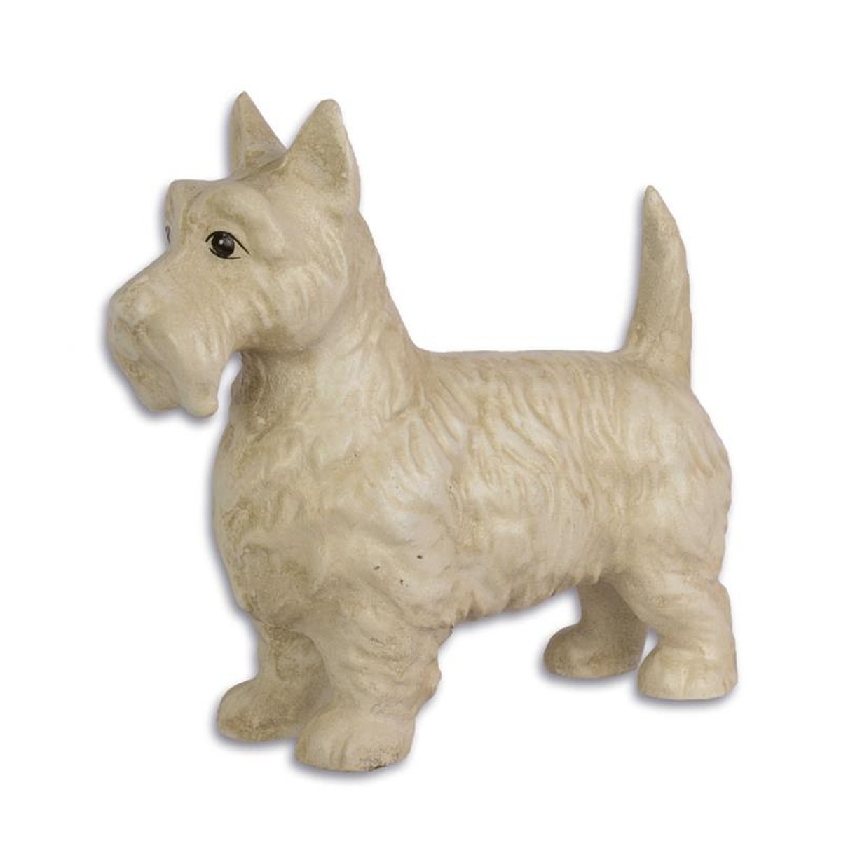A CAST IRON FIGURINE OF A WHITE SCOTTISH TERRIER