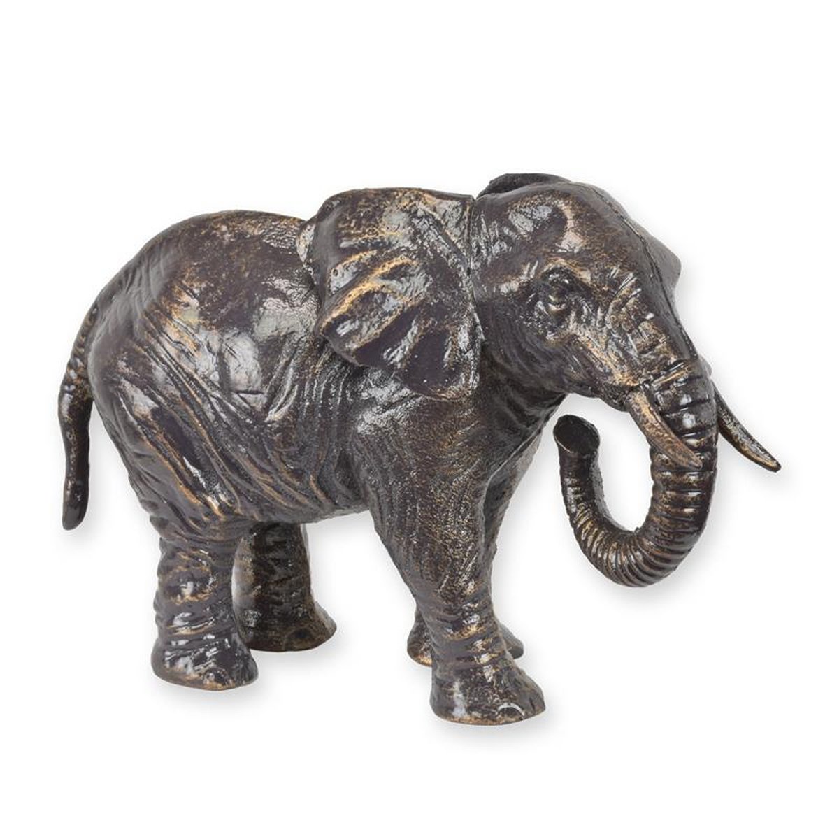 A CAST IRON FIGURINE OF AN ELEPHANT